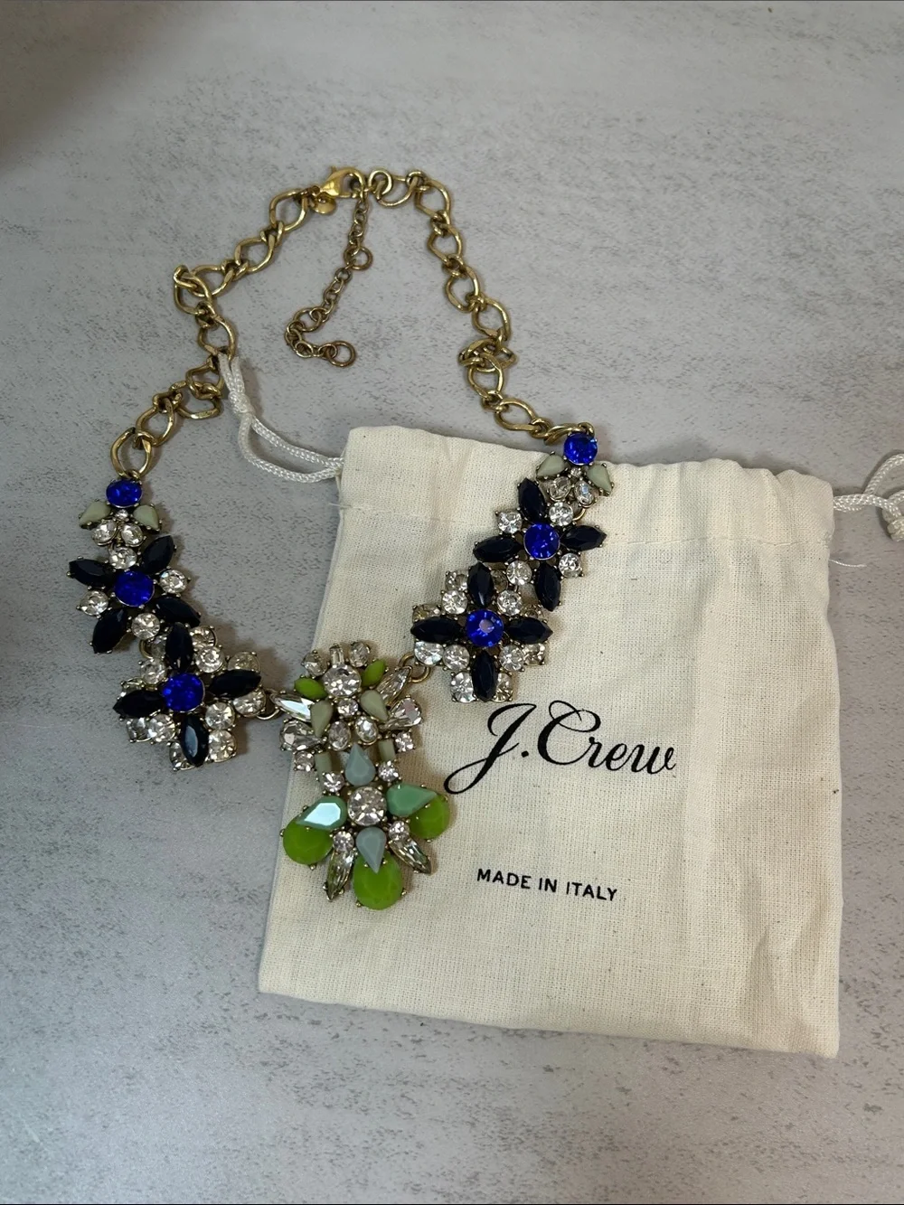 J. Crew Lime Green, Royal Blue and Clear Crystal Bib Necklace
